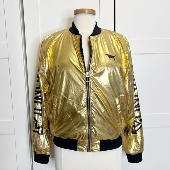 Victoria’s Secret PINK Sherpa Gold Metallic Bomber Jacket Small - Picture 2 of 6